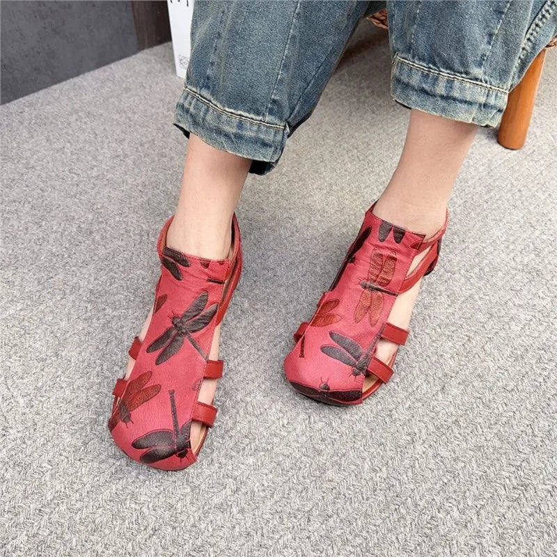 Flat Printed Genuine Leather Roman Sandals for Women