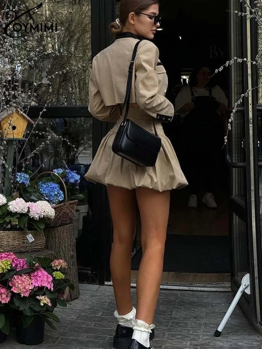 Oymimi Fashion Black Patchwork Two Piece Set For Women Casual Long Sleeve Button Pockets Crop Shirts + High Waist Mini Skirt Set