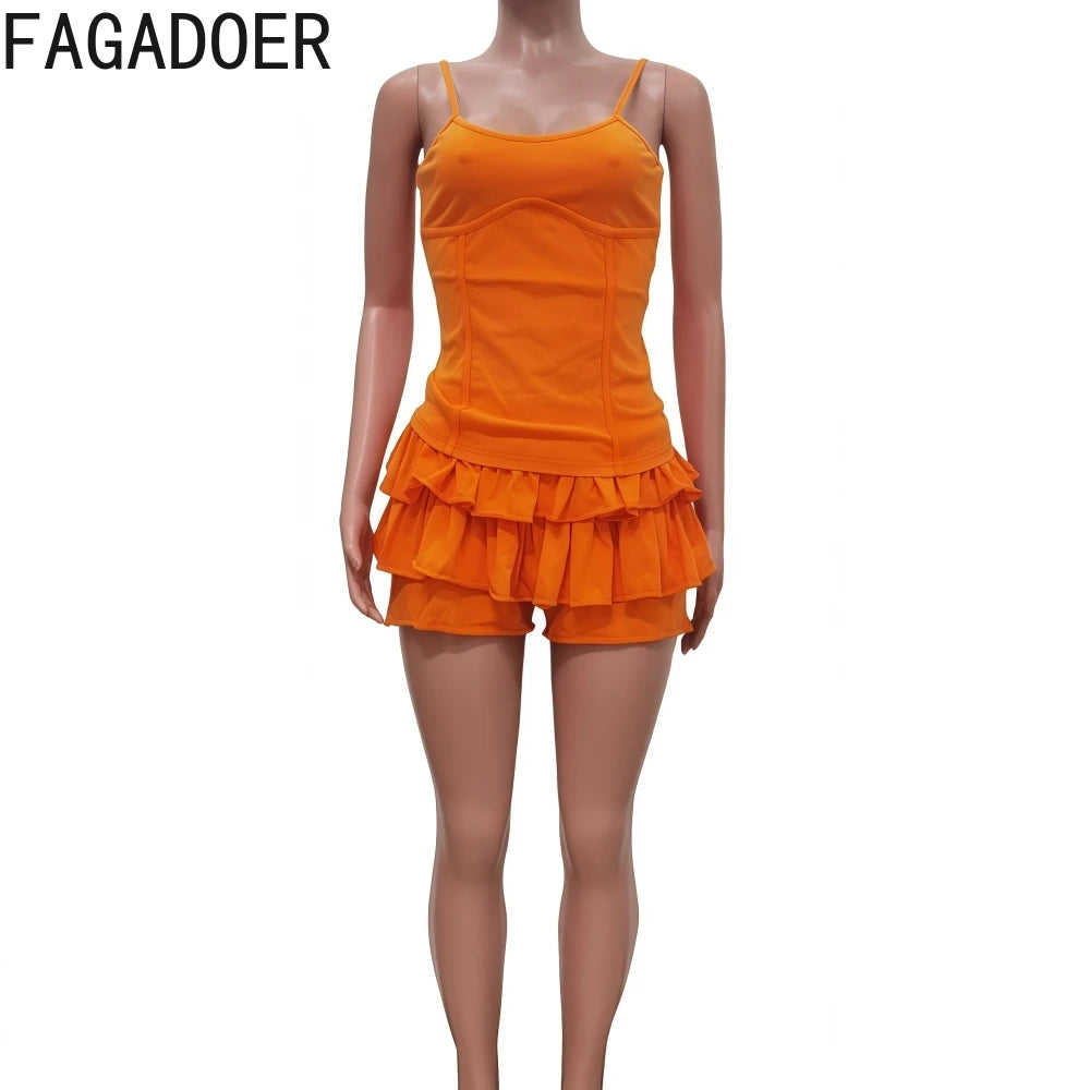 FAGADOER Casual Ribbing Two Piece Outfits Woman Solid Spaghetti Strap Tanks + Pleated Puff Skirt Female Streetwear Summer New