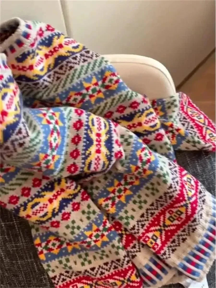 Korean ethnic style colorful floral sweater women's autumn and winter new knitted cardigan paired with casual top cardigan