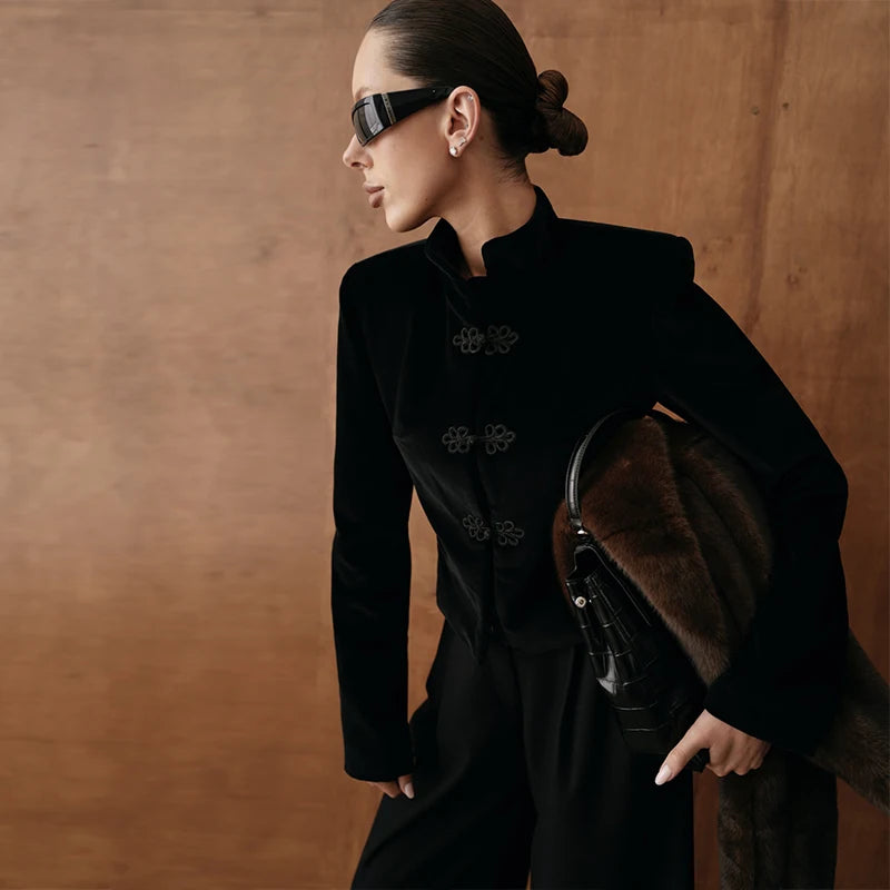 Chinese Knot Stand Collar Long Sleeve Jacket for Women