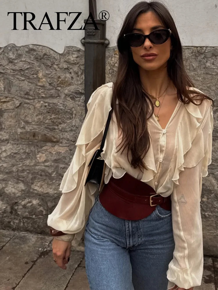 TRAFZA 2025 Women Elegant Solid Ruffles Blouse Spring Female V-Neck Long Sleeved Gauze Shirt Casual Hollow Out Lady Clothes