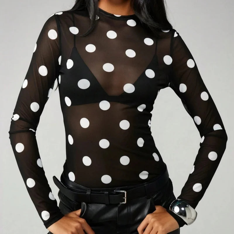 Y2K Polka Dot Sheer Mesh Long Sleeve Top for Women