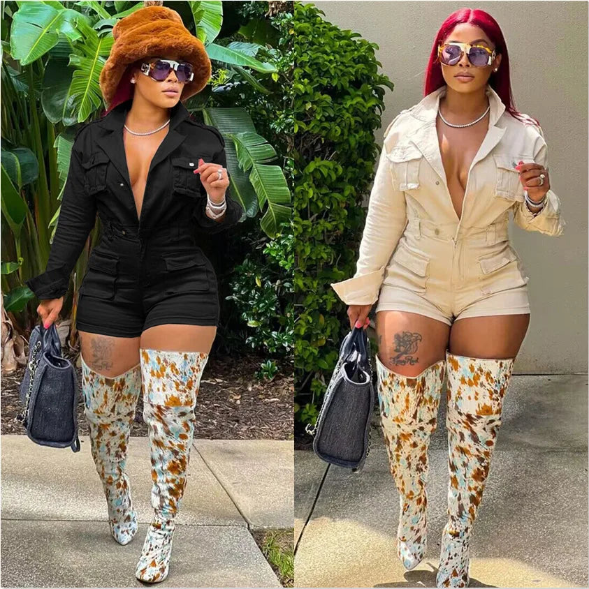 Casual Long Sleeve Denim Romper Jumpsuit for Women