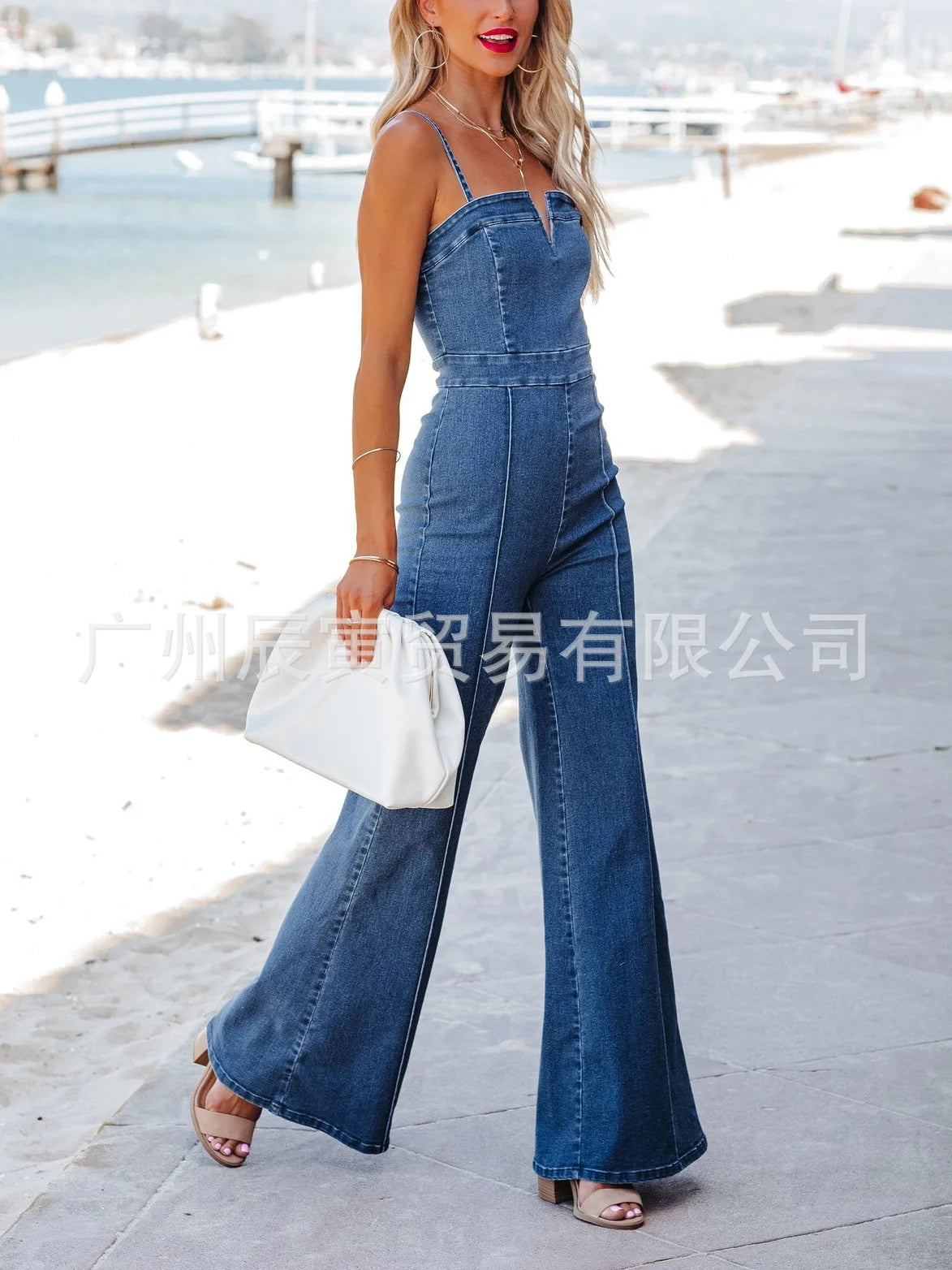 Stretch Denim Halter Jumpsuit with Slim-Fit Silhouette for Women