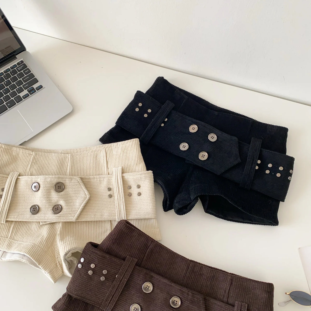 Retro Corduroy Button Detail Low Waist Shorts for Women