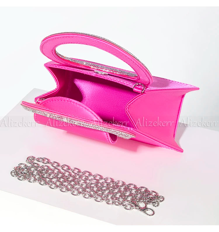 Bling Rhinestone Satin Handbags Women 2023 Elegant Boutique Round Crystal Handle Trapezoid Evening Clutch Purses Wedding Party
