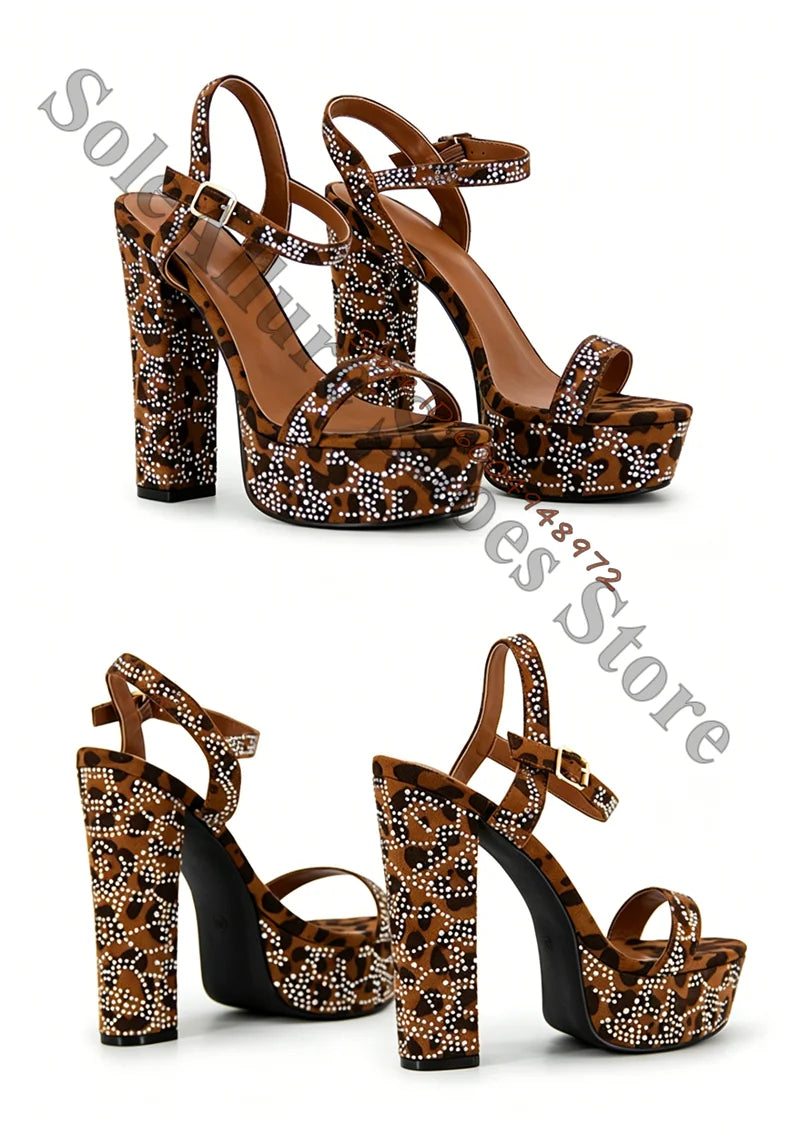 Elegant Leopard Print Rhinestone Block Heel Sandals for Women