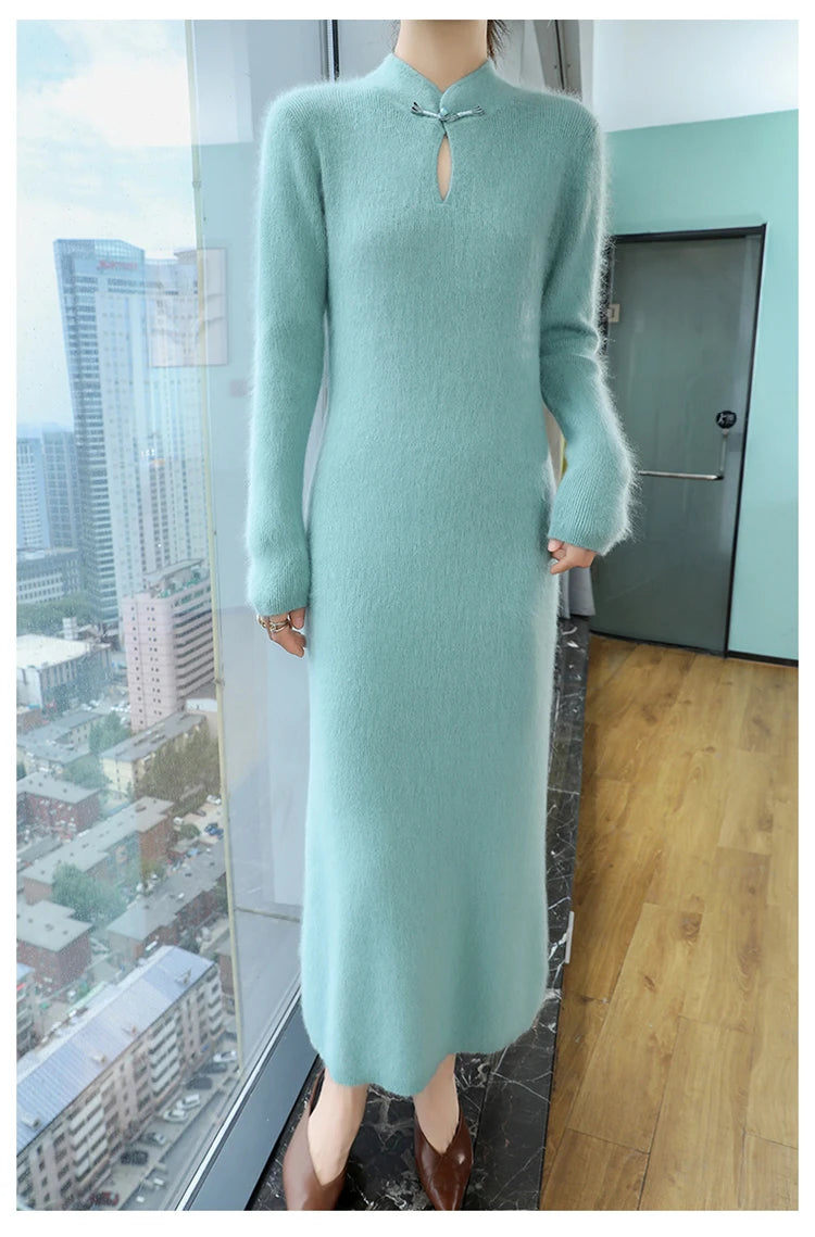 Cashmere Knit Dress with Stand Up Collar and Buckle for Women
