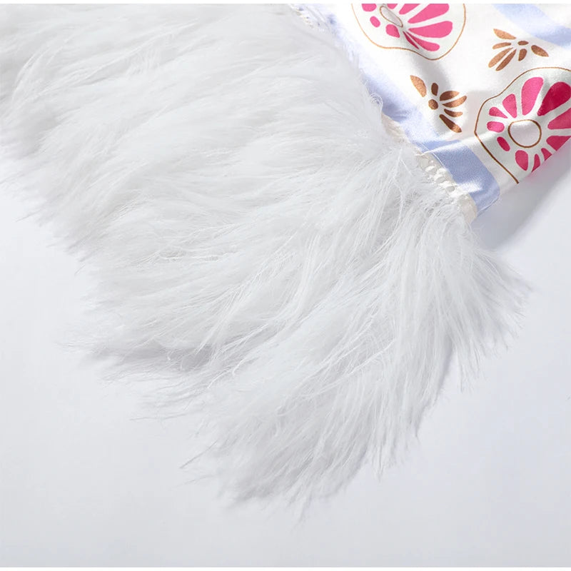 Elegant Floral Print Feather Hem Maxi Dress For Women