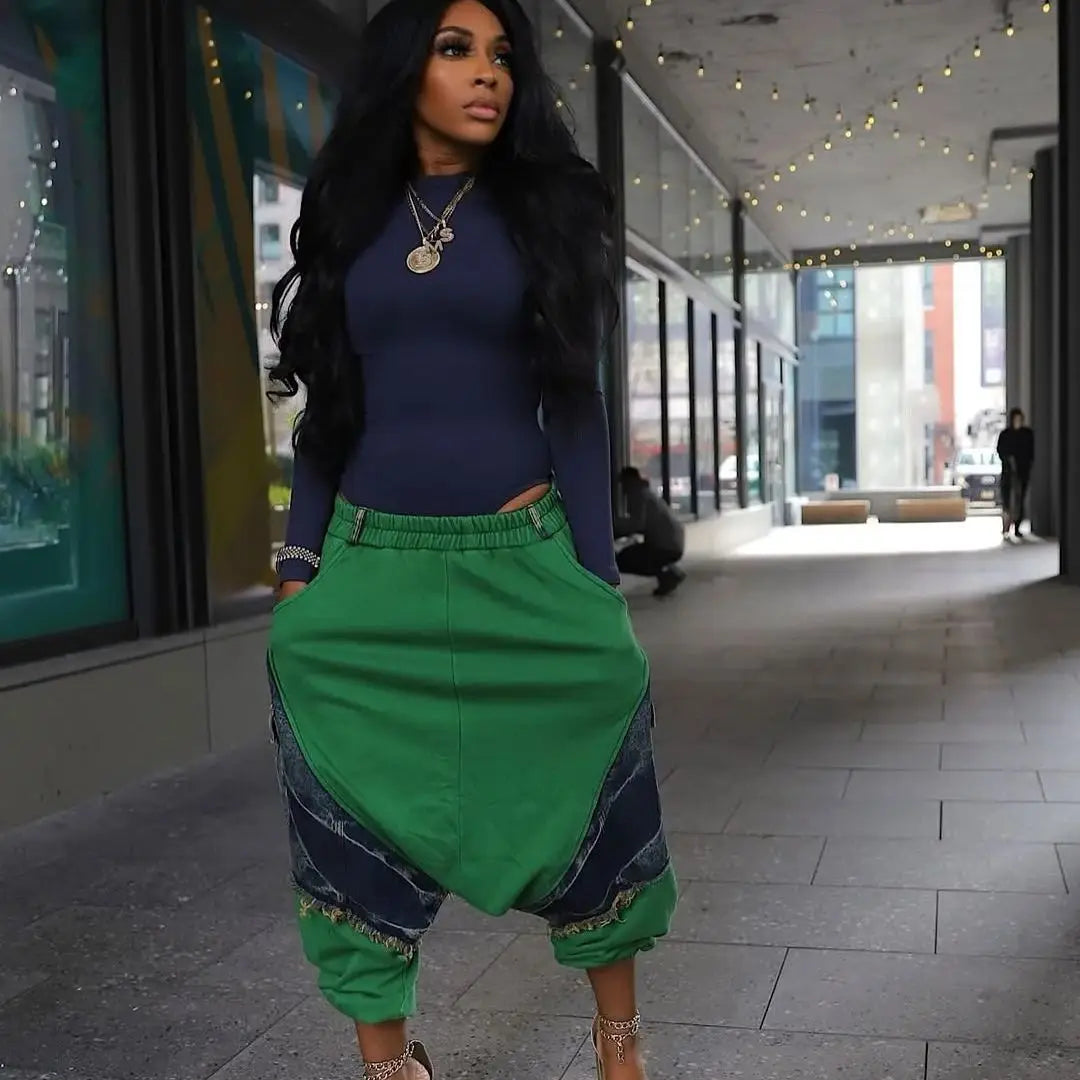 High Waist Patchwork Loose Fit Harem Jeans for Women