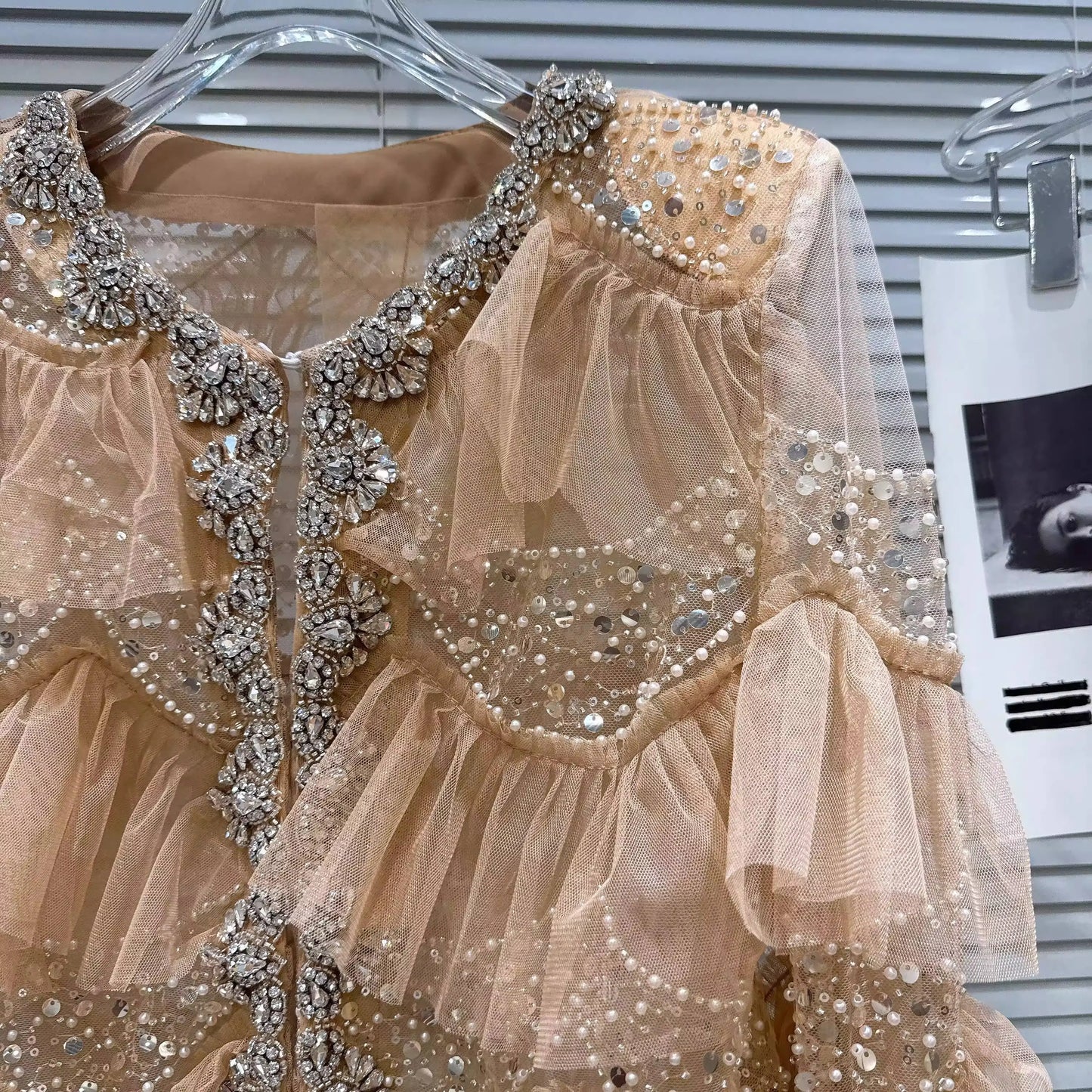 Open Front Rhinestone Beaded Sequined Mesh Coat For Women