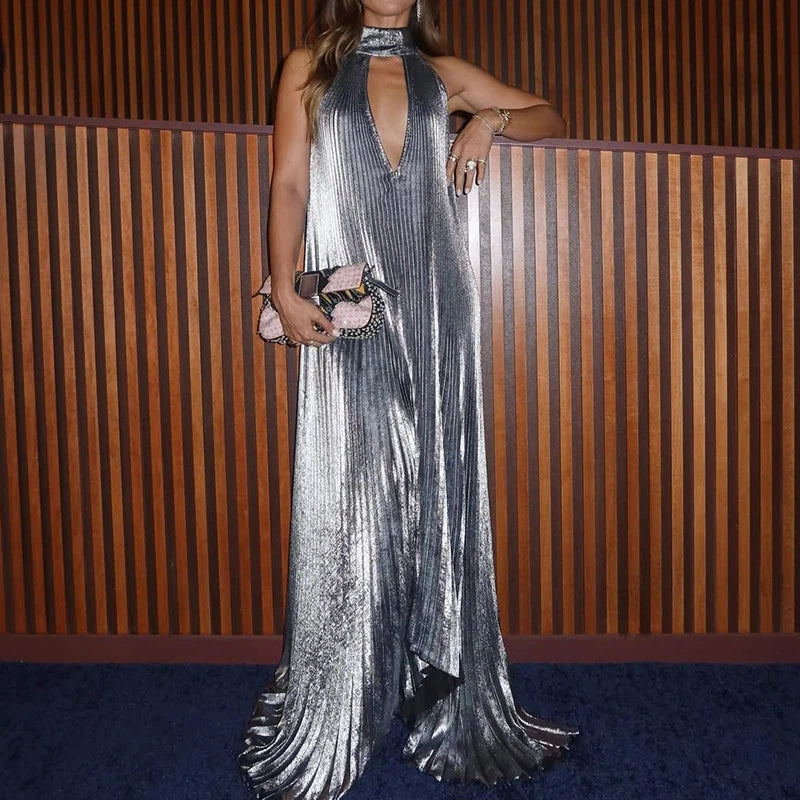Metallic Halter Hollow Out Pleated Maxi Dress for Women