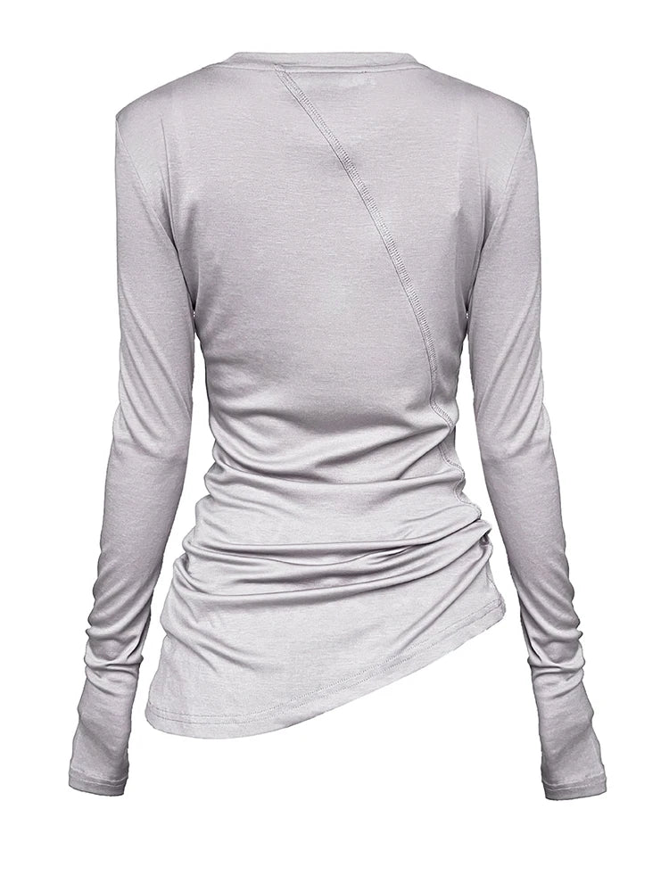 [EAM] Women Gray Thin Perspective Slim Irregular T-shirt New Round Neck Long Sleeve Fashion Tide Spring Autumn 2025 1DH9981