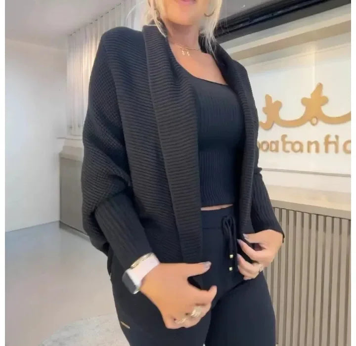 Elegant Women's Sets Pants Latest Batwing Sleeve Casual Cardigan Loose Coat Solid Open Front Style Jacket 2024 Autumn Winter