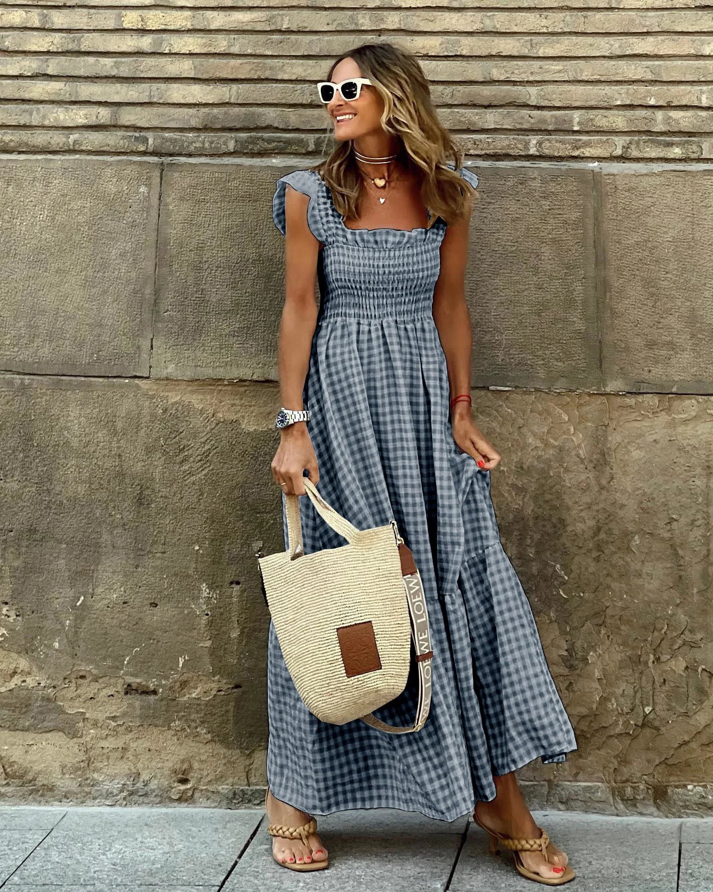 Flowy Plaid Backless Maxi Dress with Elastic Waist for Women