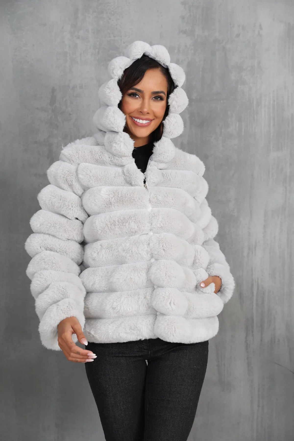 Warm Hooded Short Faux Fur Coat With Turn Down Collar for Women