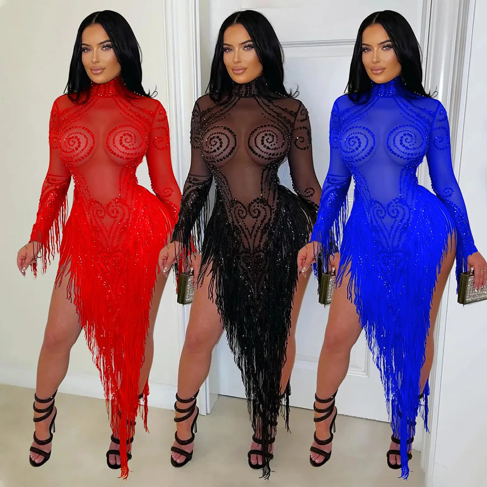 Rhinestone Mesh Tassel Bodycon Mini Dress for Women
