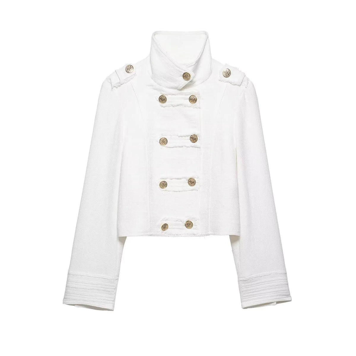 White Tweed Cropped Jacket With Gold Buttons for Women