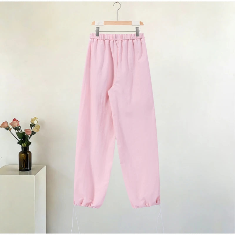 Solid Loose Suit Set with Stand Collar Crop Top and Drawstring Pants for Women