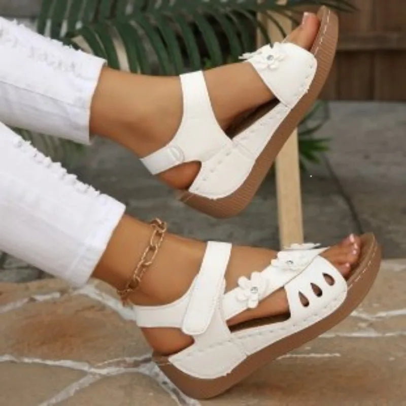 Modern Floral Buckle Wedge Sandals
