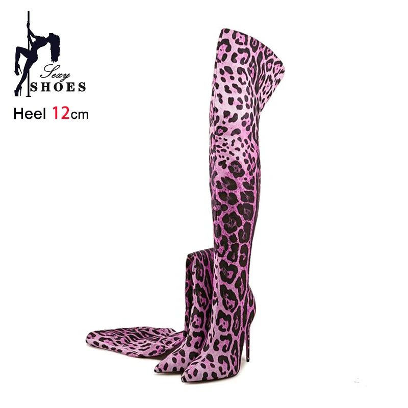 Purple Gradient Leopard Print Over-the-Knee Boots for Women