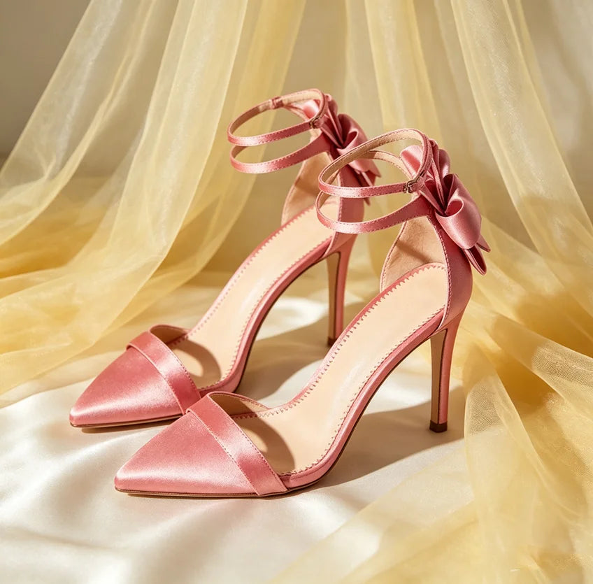 Pink Satin Bow Ankle Strap Stiletto Sandals for Women