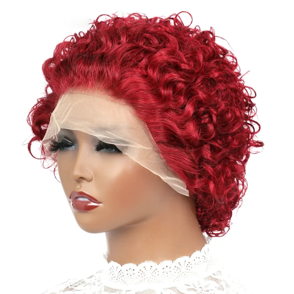Ginger Pixie Cut Wigs Human Hair Short Curly Lace Front Human Hair Wigs Colored Water Wave Bob Wig 13x1 Transparent Lace Wigs