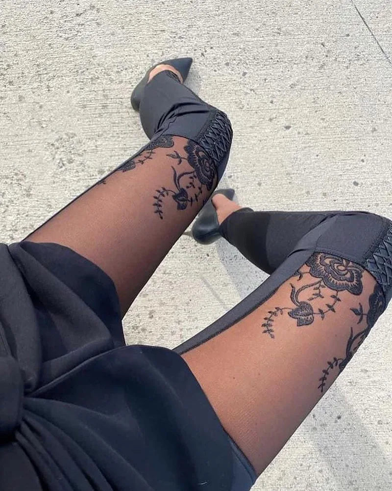 Sheer Mesh Lace Embroidery Patch Pants