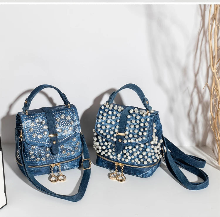 Diamond Embellished Denim Multiway Backpack for Women