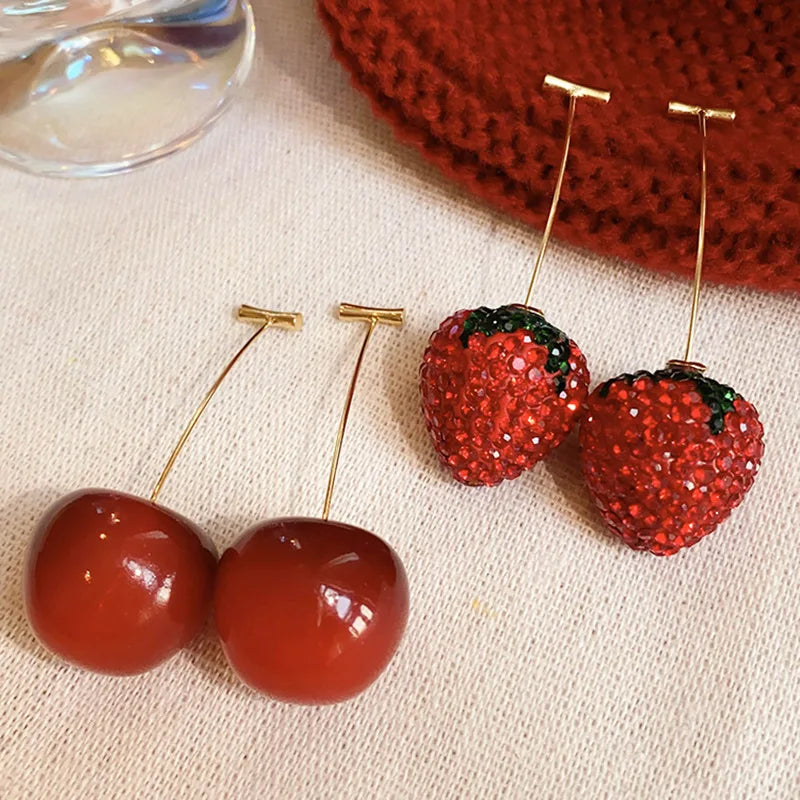 Resin Cherry Rhinestone Drop Earrings