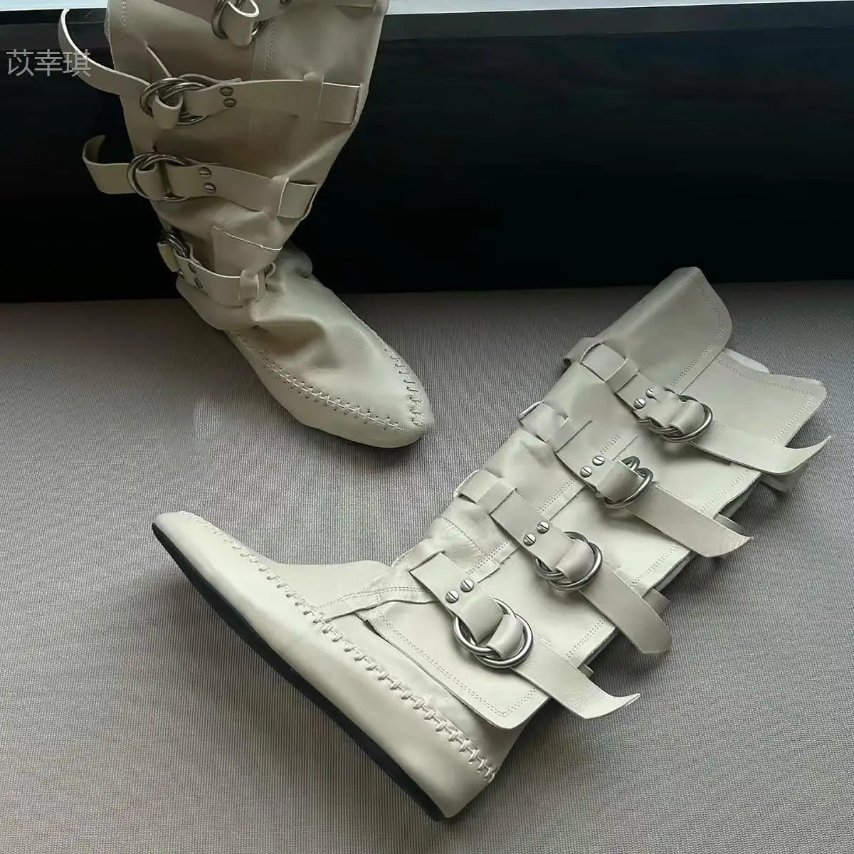 Flat Bottom Real Leather Mid Calf Boots With Metal Buckle For Women