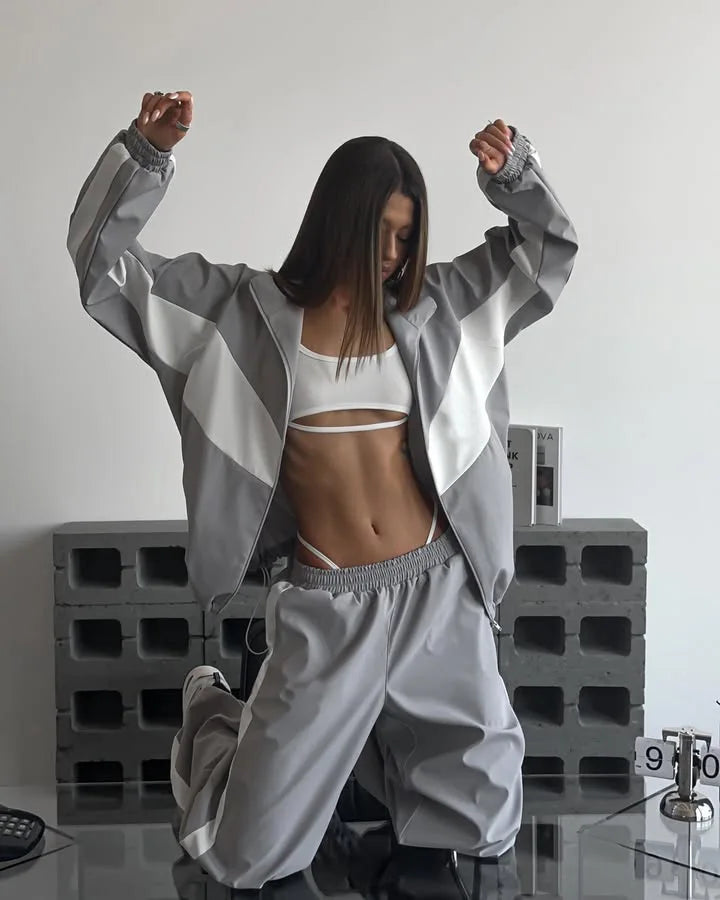 Casual Contrast Color Zipper Tracksuit Set for Women