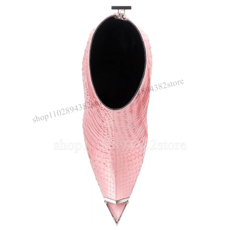 Pink Crocodile Print Pointed Toe High Heel Boots With Back Zipper For Women