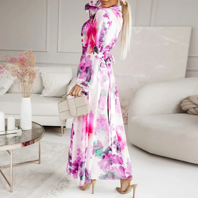 Elegant Turn-down Collar Button Split Long Dress Women Retro Floral Print Office Shirt Dress Autumn Long Sleeve Loose Maxi Dress