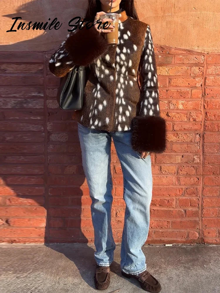 Fitted Vintage Leopard Patchwork Faux Fur Coat for Women
