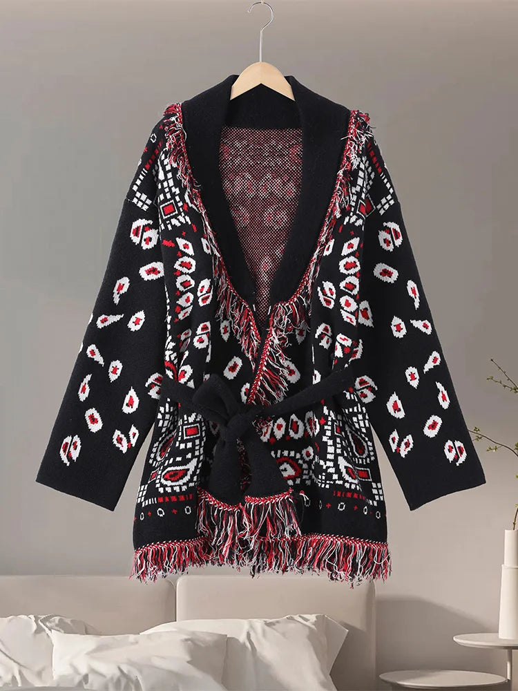 Loose Jacquard Patchwork V-Neck Cardigan With Tassels For Women