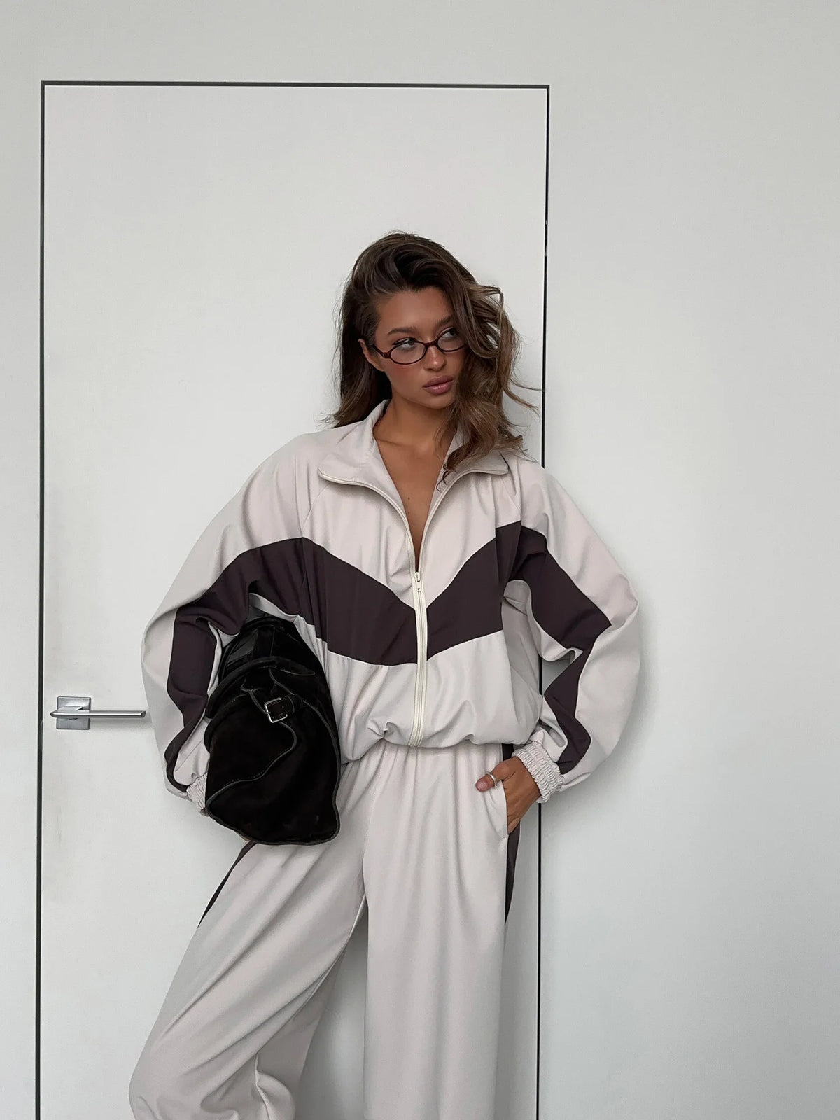 Casual Contrast Color Zipper Tracksuit Set for Women