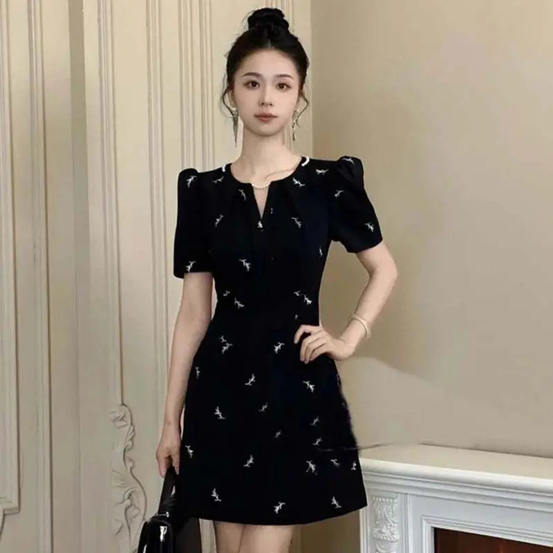 Hepburn Style Knee-Length Black A-Line Dress for Women
