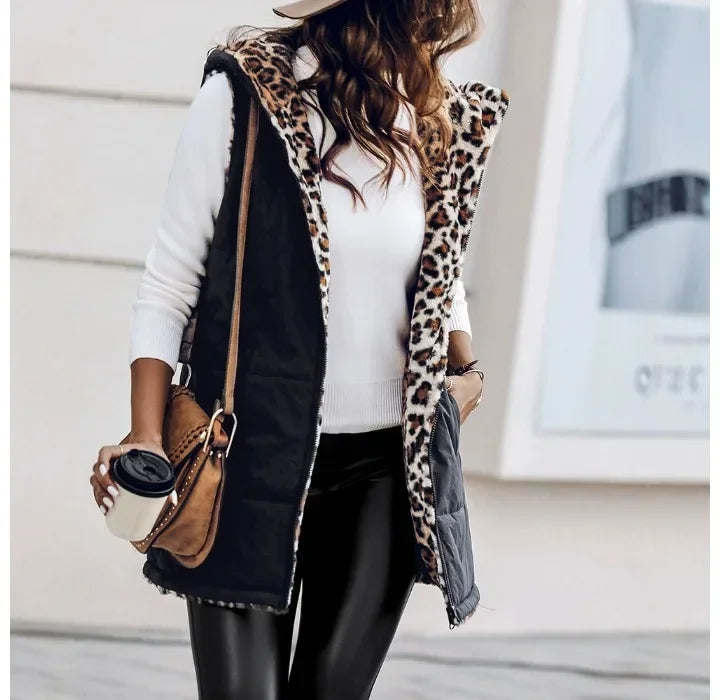 Zip Up Jacket Women VestSleeveless Latest Leopard Pattern Hoodie Pockets Long Warm Winter Coat Streetwear 2025 Autumn Winter