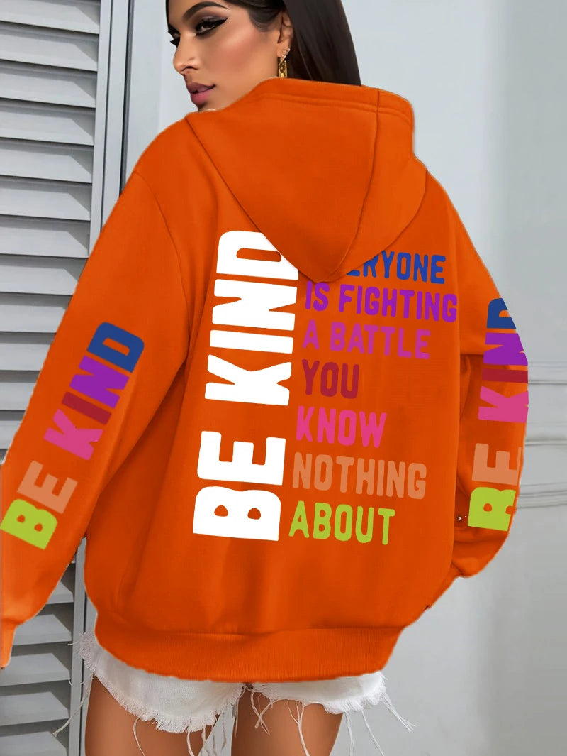 Be Kind Hoodies Women Letter Prints Winter Fleece Warm Hooded Street Pocket Loose Sweatshirts Casual All-match Woman Clothes