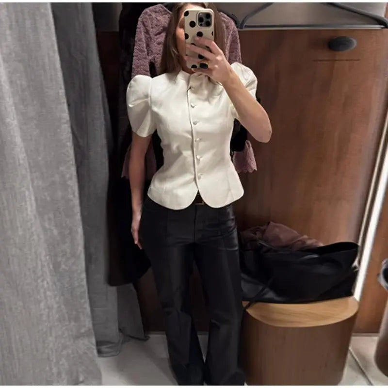 Stand Collar Puff Sleeve Coat