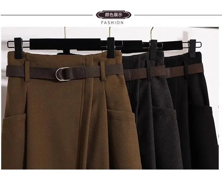 High Waisted Black Wool Midi Skirt With Pockets for Women