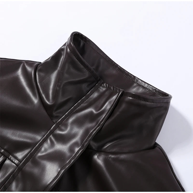 Vintage Cinched Waist Zipper Faux Leather Jacket for Women