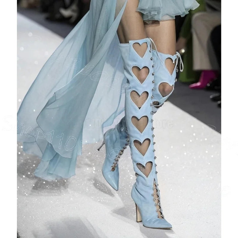 Chunky Heel Pointy Toe Denim Boots With Side Zipper For Women