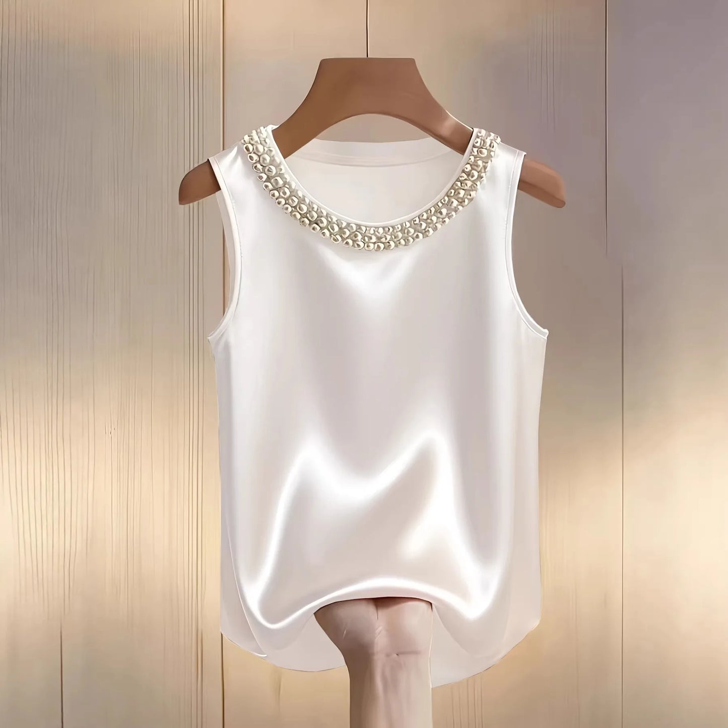 Loose Satin Beaded Pearl Decor Sleeveless Tank Top for Women