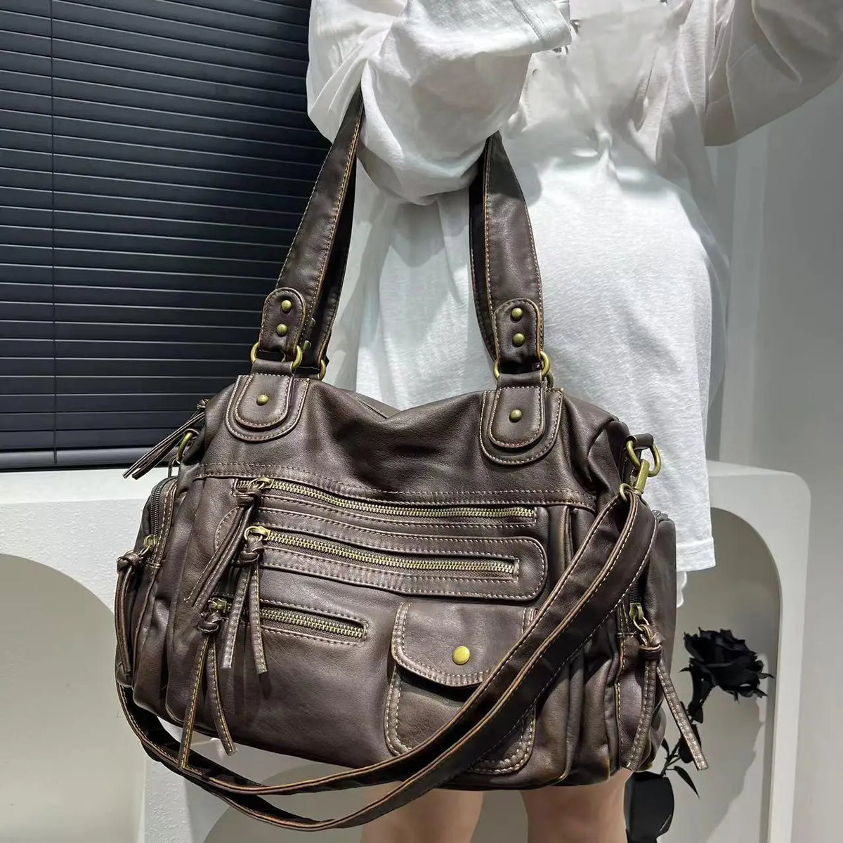 Washed Leather Look Crossbody Bag