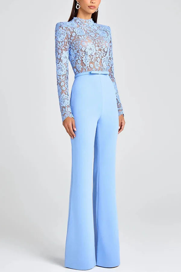 Embroidery Lace Blue Jumpsuits Women Sexy Slim Long-sleeved Belt High Waist Jumpsuit Female 2025 Casual Lady Party Jumpsuits