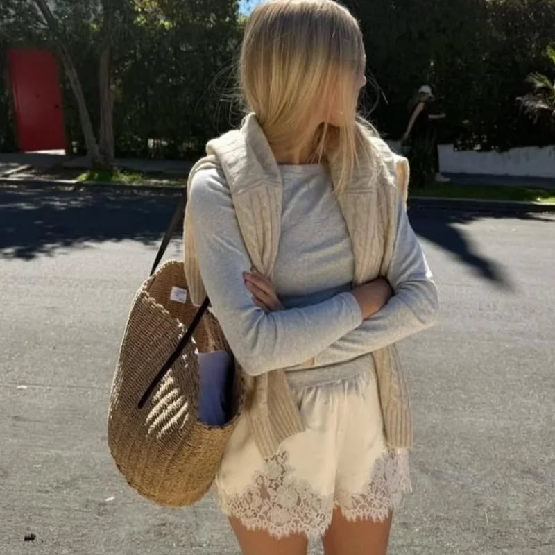 Women Lace Patchwork Satin Shorts Chic Loose Soild Wide Legs Elastic Short 2025 New Y2k Lady All Much Casual Street Outfits