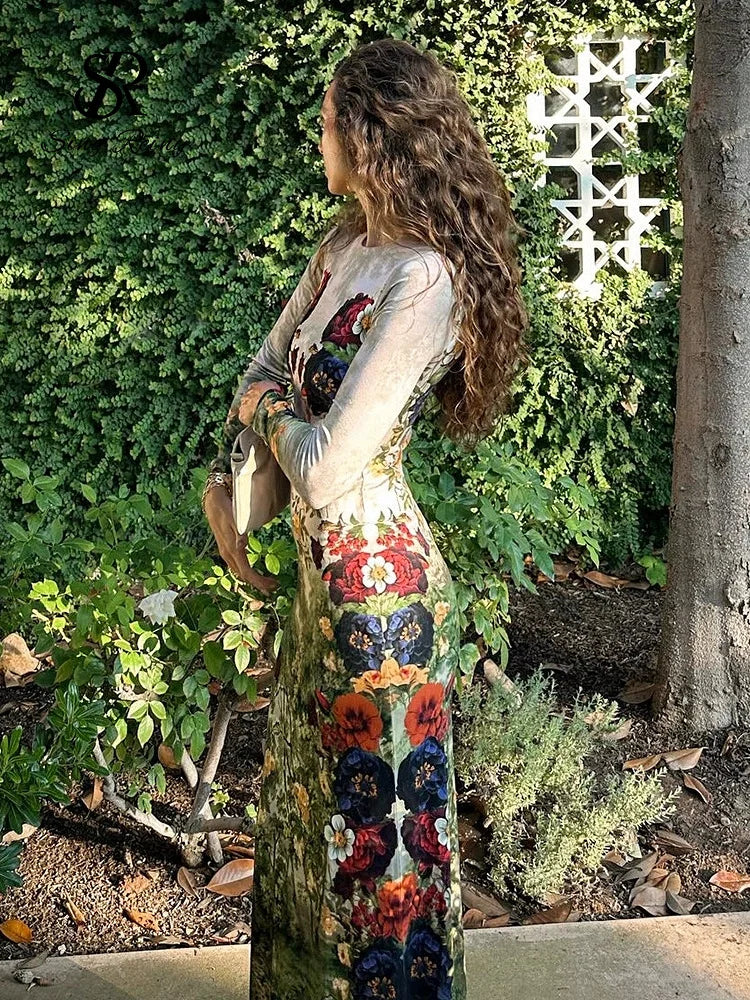 Vintage Floral Print Long Sleeve Maxi Dress for Women